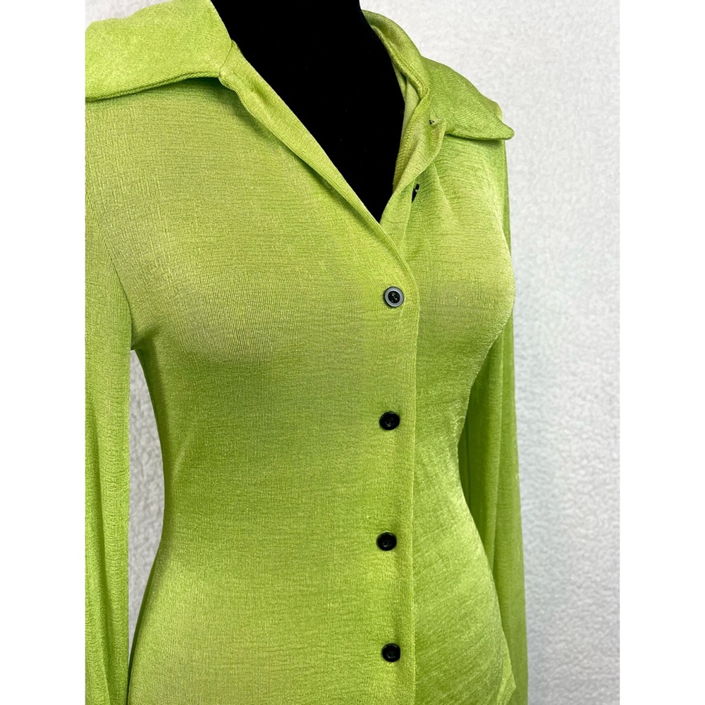 COMMENSE • Lime Green Exaggerated Long Sleeve Collared Button-Down Shirt, S - Picture 8 of 16